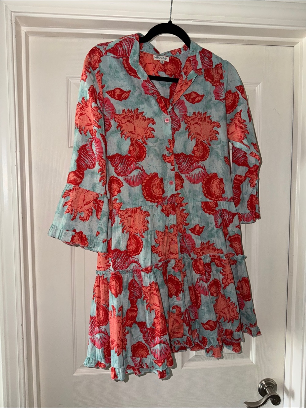 Light Blue & Coral Floral Mini Dress - 3/4 Sleeve